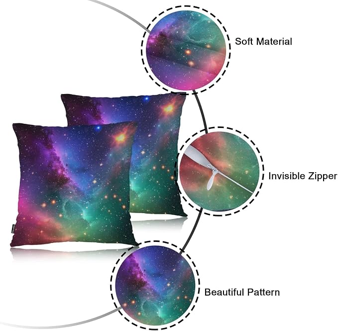 Swono Galaxy Space Throw Pillow Covers, Cosmic Universe Outer Space Nebula Star Galaxy Set of 2 Cushion Case Pillow Cover for Bed Sofa Couch Square Throw Pillowcases for Men Women 18x18 Inch