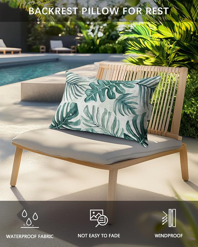 Pack of 2 Outdoor Lumbar Pillow Covers 11x16 Inch, Turquoise Monstera Deliciosa Waterproof Throw Pillow Covers Set, Summer Botanical Tropical Decorative Cushion Cases for Patio Porch Car