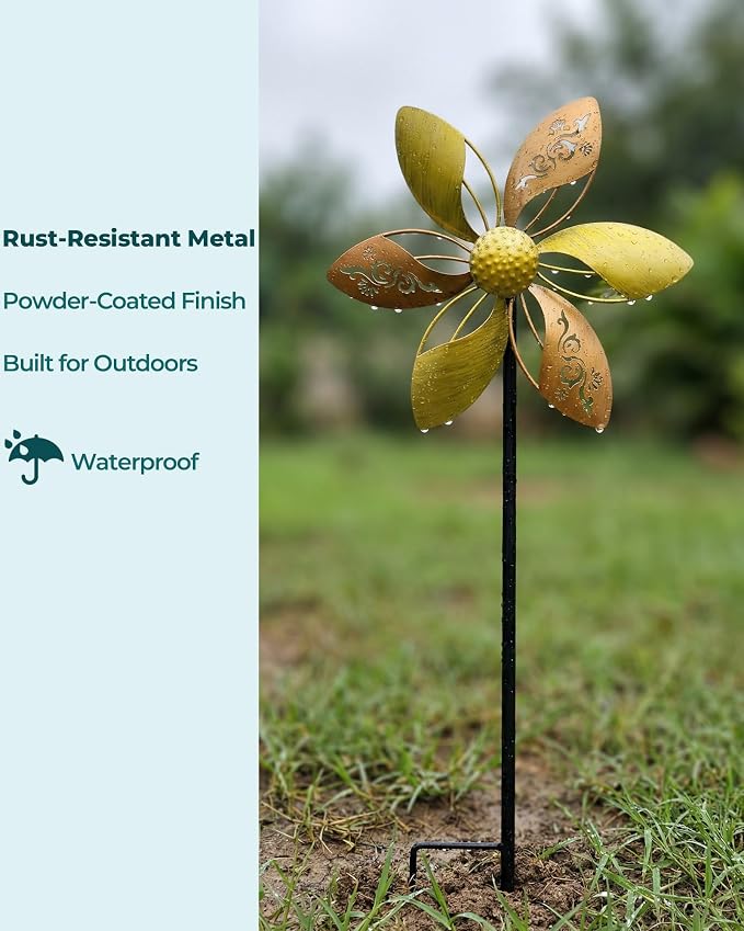 2 Pack Metal Wind Spinners, 37" Kinetic Yard Decor | Smooth Rotation, Rust-Resistant Finish, Tool-Free Setup, Elegant Floral Design