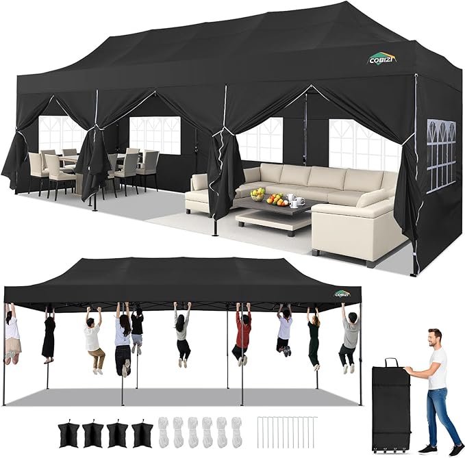 COBIZI 10x30 Pop up Canopy Tent Heavy Duty with 8 Sidewalls, Easy Set-up Commercial Outdoor Party Tent, 100% Waterproof Wedding Gazebo, 3 Height Adjustable with Wheeled Bag, Clean Black