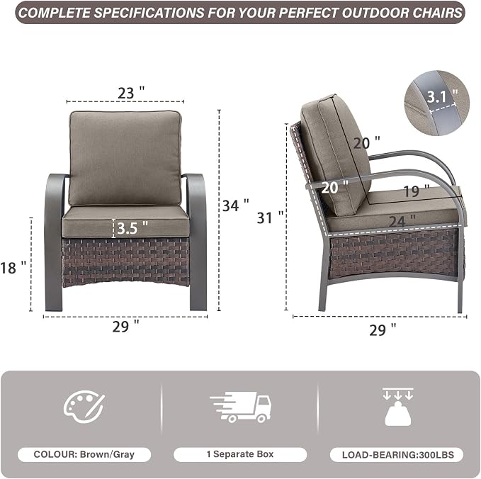 Belord Wicker Patio Chairs Set of 2-300LBS Weight Capacity Oversize Outdoor Patio Chairs with High Backrest Metal Curved Armrest, All Weather PE Rattan Outdoor Seating for Porch Deck Backyard