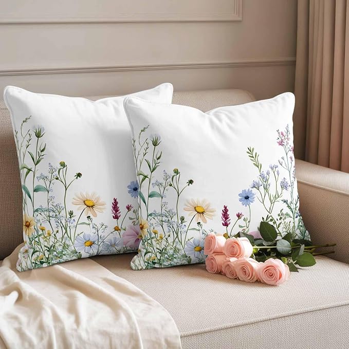 Farms Wildflowers Outdoor Waterproof Throw Pillow Covers Set of 2, 24"x24", Herbs Countryside Watercolor Floral Leaf Decorative Pillow Covers Outside Cushion Case for Patio Porch Garden