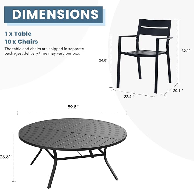 DIFY 11 Piece Outdoor Patio Dining Set for 10, 59.8" Round Dining Table with Umbrella Hole and Stackable Metal Chairs, Patio Table and Chairs Set for Backyard Garden Poolside, Black