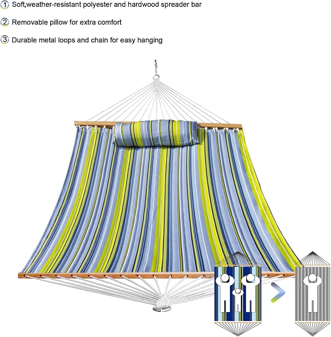 SZHLUX Outdoor Quilted Fabric Hammock with Spreader Bars and Detachable Pillow and Chains,Outdoor Patio Backyard Poolside, 450 LBS Weight Capacity, Green