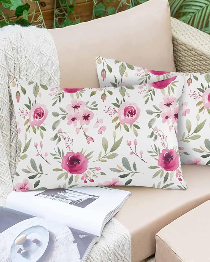 Vandarllin Outdoor Throw Pillows Covers 20x12 inch Set of 2 Waterproof Pink Flowers Decorative Zippered Cushion Covers for Patio Furniture, Floral Leaves Plant Lumbar Pillowcases