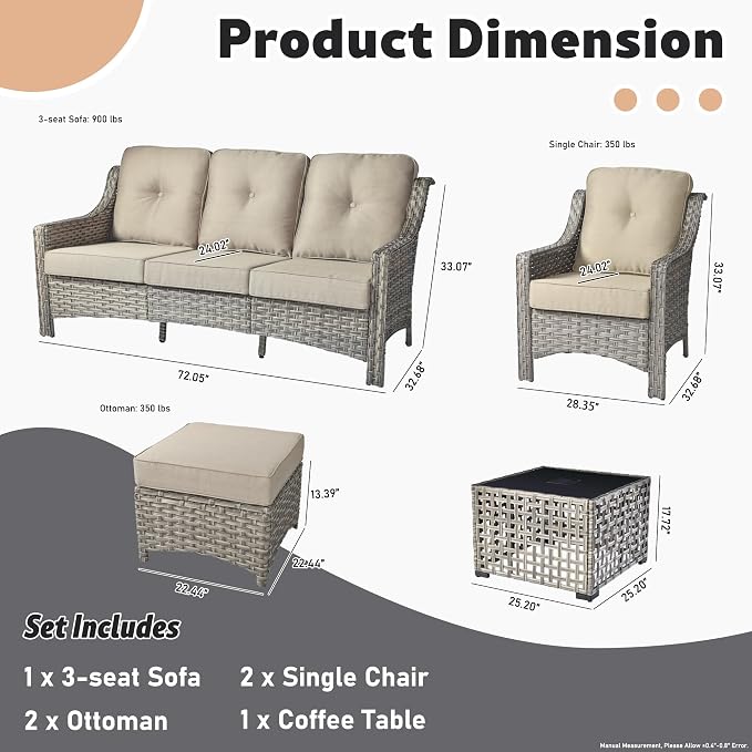 ovios 6 Piece Outdoor Patio Furniture with 3 Seat Sofa,Rattan Wicker Coversation Set with High Back,Sectional Single Sofa with Ottoman for Outside Porch Balcony Backyard Pool, Beige