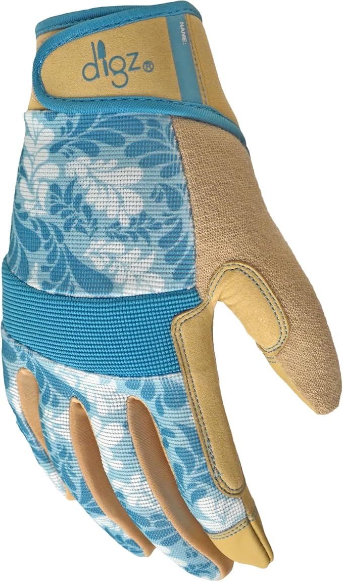 DIGZ 7606-23 High Performance Women's Gardening Gloves, Work Gloves with Touchscreen Compatible Fingertips, Blue Leaves Pattern, Medium