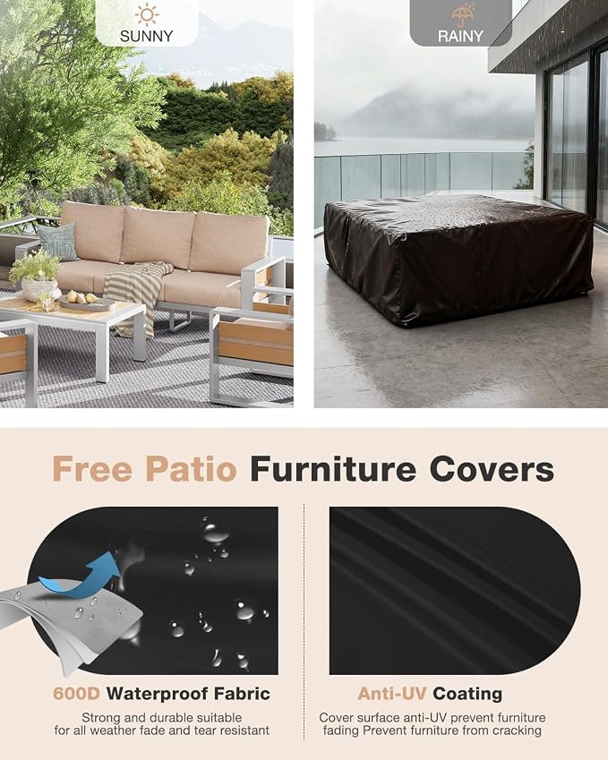 Aoxun Aluminum Patio Furniture Set, 5 Piece Luxury Outdoor Sectional with 6" Olefin Fabric Cushions, Patio Conversation Sets with Coffee Table and Waterproof Cover for Backyard, Porch Beige