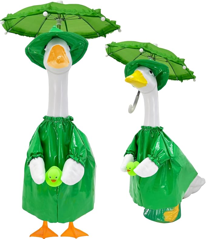 23 Inch Porch Goose Raincoat Outfit Set with Umbrella & Baby Duck Companion, Waterproof Geese Clothes for 19–23 Inch Goose and Duck Statues,Garden Yard Patio Outdoor Decor