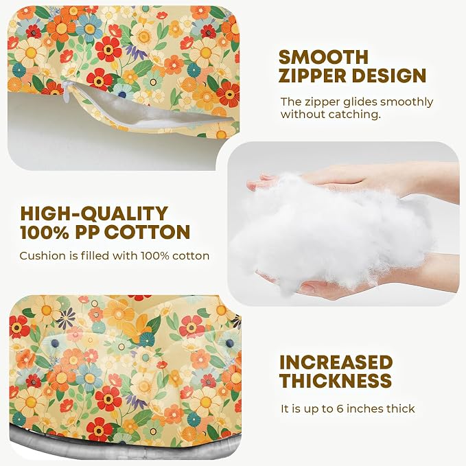 Outdoor 45" Round Egg Chair Cushion Replacement Waterproof Yellow Daisy | Thicken Pad with Headrest Pillow, Hanging Swing Wicker Egg Chair Cushions, Suitable for Garden Office