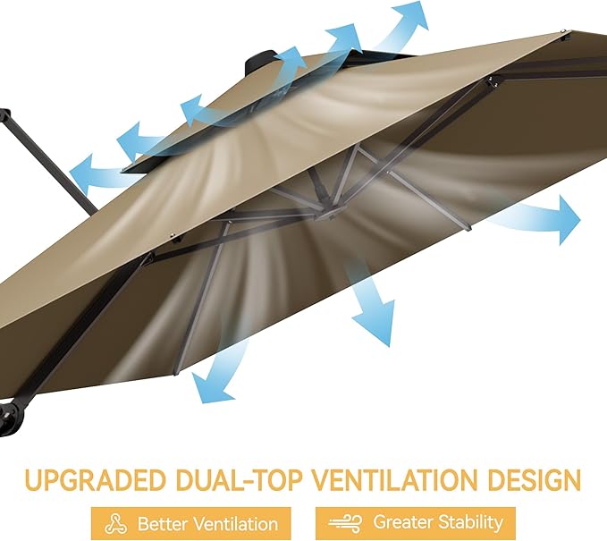 10x13 FT Patio Umbrella with Base, Large Cantilever Rectangular Double Top Heavy Duty Offset Umbrellas with 360° Rotation, Outdoor shade for Garden Deck Pool Patio, Tan