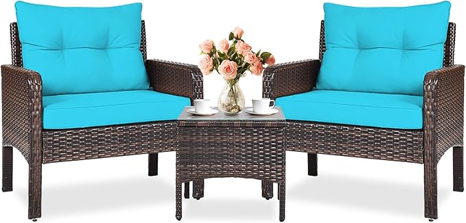 KOTEK 3 Piece Patio Furniture Set, Outdoor Wicker Conversation Bistro Set with 4 Cushions, All Weather PE Rattan Furniture Set for Garden, Backyard, Porch, Poolside (Turquoise)