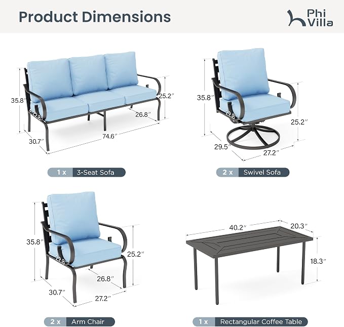 PHI VILLA Patio Furniture Set, 3-Seater Sofa, 2 Fixed Chairs, 2 Swivel Chairs and a Coffee Table, Outdoor Metal Conversation Set with 5.75" Extra Thick Cushion for Garden Backyard Deck, Blue