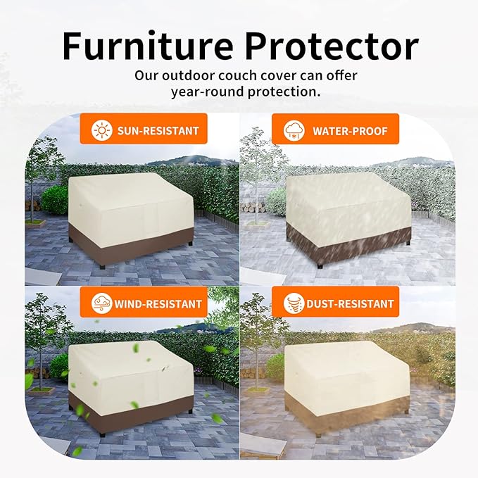 Easy-Going Waterproof Outdoor Couch Cover, Heavy Duty 3-Seater Patio Sofa Cover, Winchdproof Outdoor Furniture Cover with Air Vent (80Wx37Dx33H inch, Beige/Dark Brown)