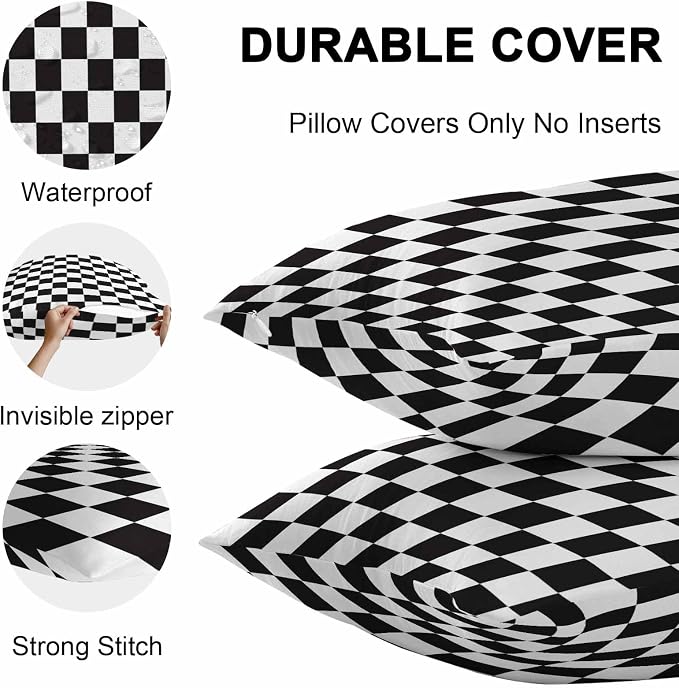 Throw Pillow Covers 18x18 Inch Set of 2, Simple Black White Checkered Waterproof Outdoor Cushion Covers, Lattice Buffalo Plaid Decorative Pillowcases for Couch, Sofa, Bed, Garden, Patio