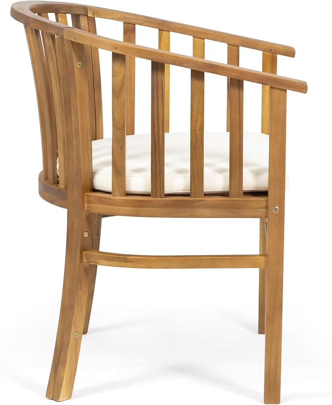 Christopher Knight Home Outdoor Acacia Wood Dining Set 6 Chairs 1 Table Cream Cushions Teak Finish Patio Backyard Garden Furniture 70 Inch Table Outdoor Dining Set