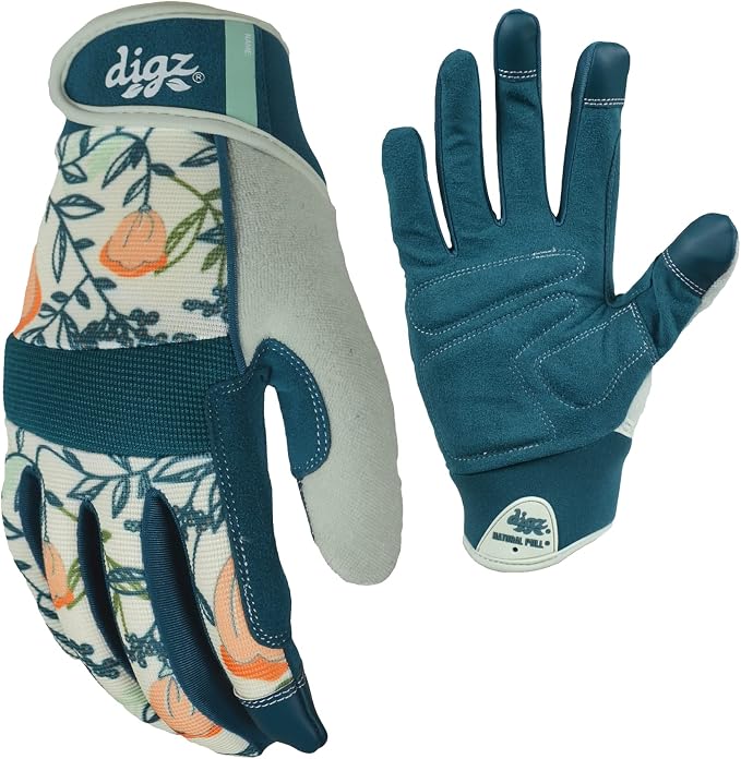 DIGZ Gardening Gloves, Large, 1 Pair, Coral Floral | 4-way spandex with touchscreen fingertips, adjustable wrist helps block dirt for gardening and landscaping