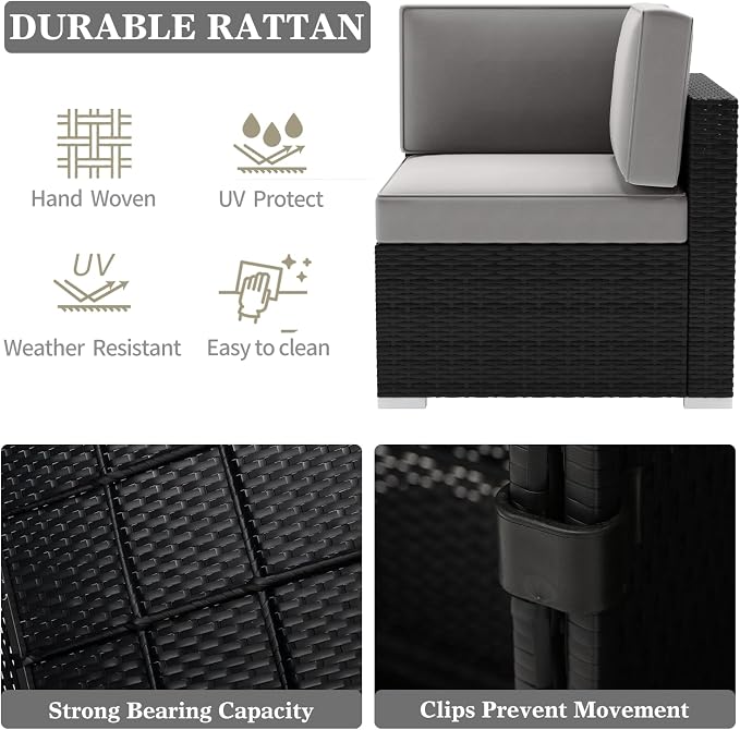 LayinSun 8 Pieces Patio Furniture Set with Fire Pit Table, Black Rattan Modular Sectional Patio Conversation Sofa Set