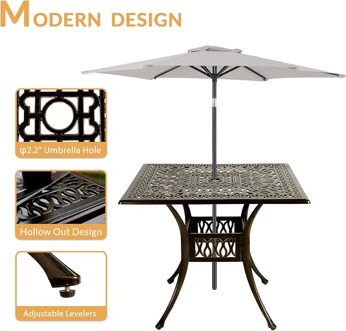 5-Piece Outdoor Patio Dining Set, All-Weather Cast Aluminum Patio Furniture Set for Backyard Garden Deck with 4 Chairs, 4 Cushions and 35.4” Square Table, 2.2" Umbrella Hole, Navy