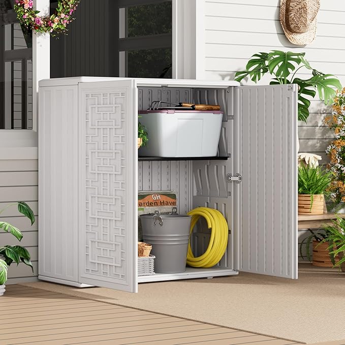 HOMSPARK Indoor/Outdoor Storage Cabinet with Doors and Shelf, 34”x15”x36” HDPE Plastic Storage Box Waterproof for Patio, Garden, Balcony, Multi-Purpose for Daily Tools, White