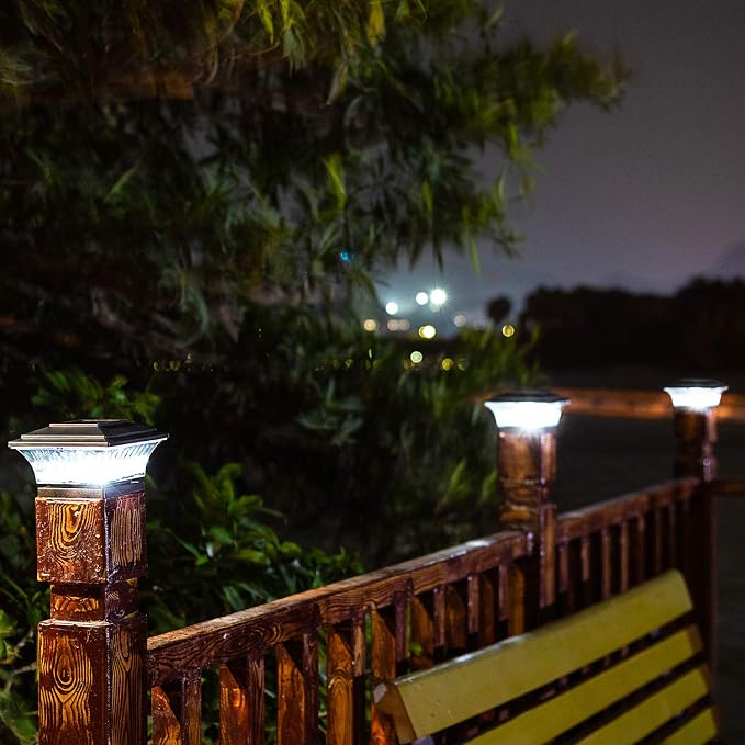 HUYIENO Solar Post Cap Lights Outdoor LED Lighting Deck Fence Cap Light Two Light Modes Warm White/Bright White Suitable for 4x4 Wooden Posts (Brushed Copper, 8pk)
