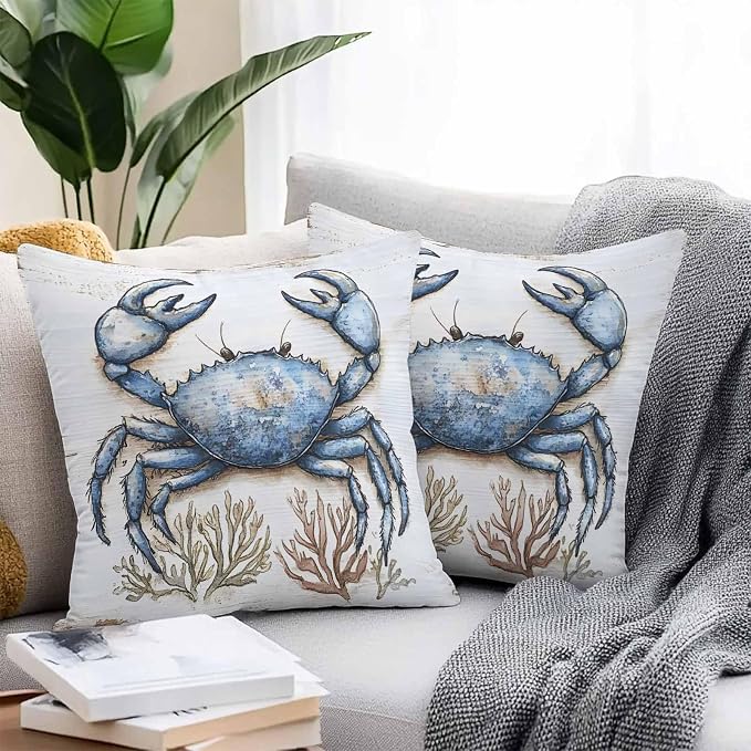 Blue Crab Coastal Outdoor Waterproof Pillow Covers, Nautical Summer Coral Ocean Beach Decorative Square Throw Pillowcase Sofa Cushion Sham for Patio/Couch/Chair, 26"x26" 2 Pack