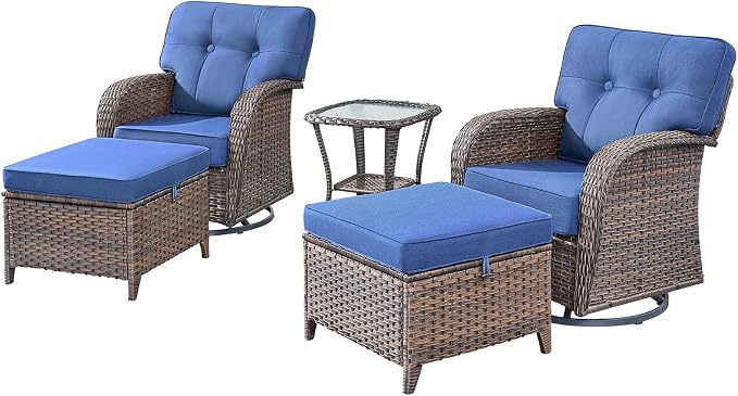Patio Furniture Set, 5PCS Outdoor Wicker Conversation Set, High Back Rattan Sofa & Swivel Rocker Chairs, Weather Resistant Olefin Fabric for Garden, Poolside Brown/Blue