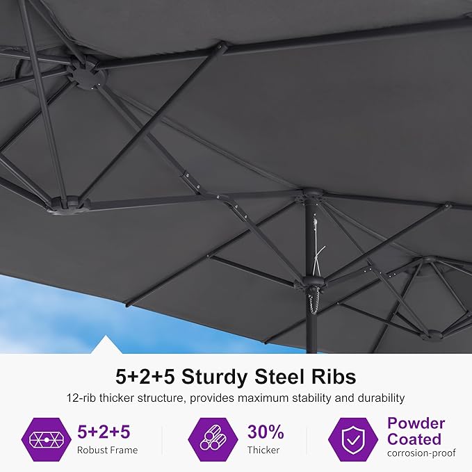 PURPLE LEAF 13ft Double-Sided Patio Umbrella with Base Included Market Rectangle Umbrella Outdoor Table Umbrella with Crank for Pool Garden Deck, Grey