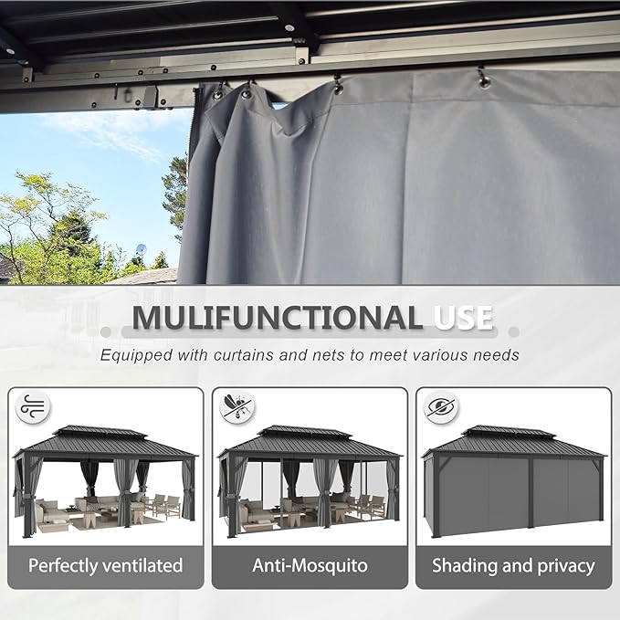 Aoxun 20Ft X 12Ft Hardtop Gazebo, Aluminum Metal Outdoor Gazebo with Breathable Netting and Curtains, Galvanized Steel Double Top, Permanent Patio Pavilion for Backyard, Wedding, Party