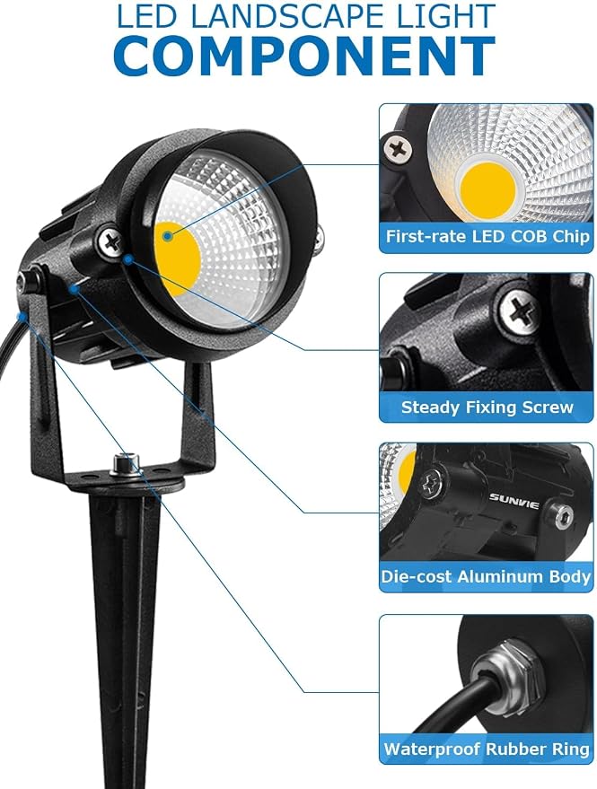 SUNVIE 12W LED Landscape Lighting Low Voltage (AC/DC 12V) Waterproof Garden Pathway Lights Super Warm White (900LM) Walls Trees Flags Outdoor Spotlights with Spike Stand (4 Pack) | 12-24V 3000K Waterproof 900LM Yard Pathway Garden Lights Wired Wall Tre...