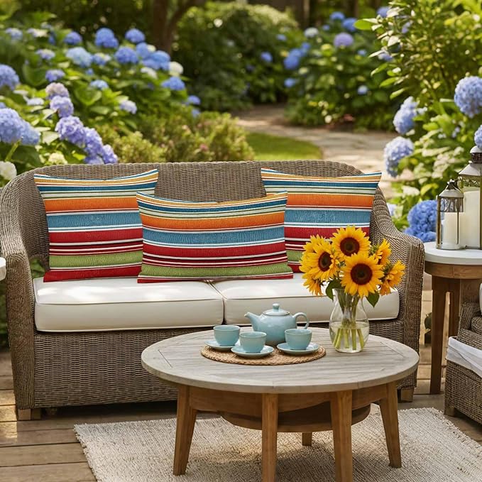 Outdoor Waterproof Pillow Covers for Patio Modern Red Orange Blue Stripes Decorative Throw Pillow Cover Abstract Fabric Stripes Pillowcases Set of 2 Cushion Case for Sofa Couch Chair 20x20 Inch