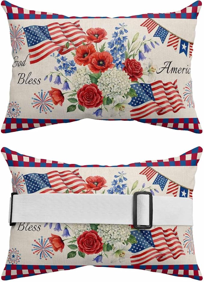 250th Anniversary Floral Outdoor Pillows for Chaise Lounge Chair Headrest Pillow Set of 2 Waterproof Lumbar Pillows with Insert&Adjustable Strap Red Blue Stars 4th of July Rustic Pillow 11"x16"