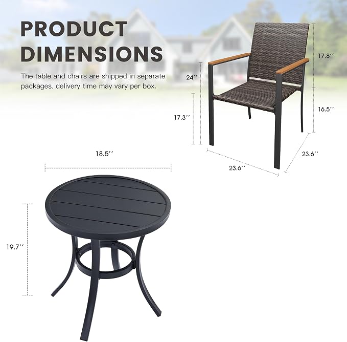 Patio Dining Set for 2, 18.5" Round Metal Patio Side Table and Stackable Wicker Patio Chairs, Outdoor Furniture Set for Porch Garden, Walnut Chairs, Black Table