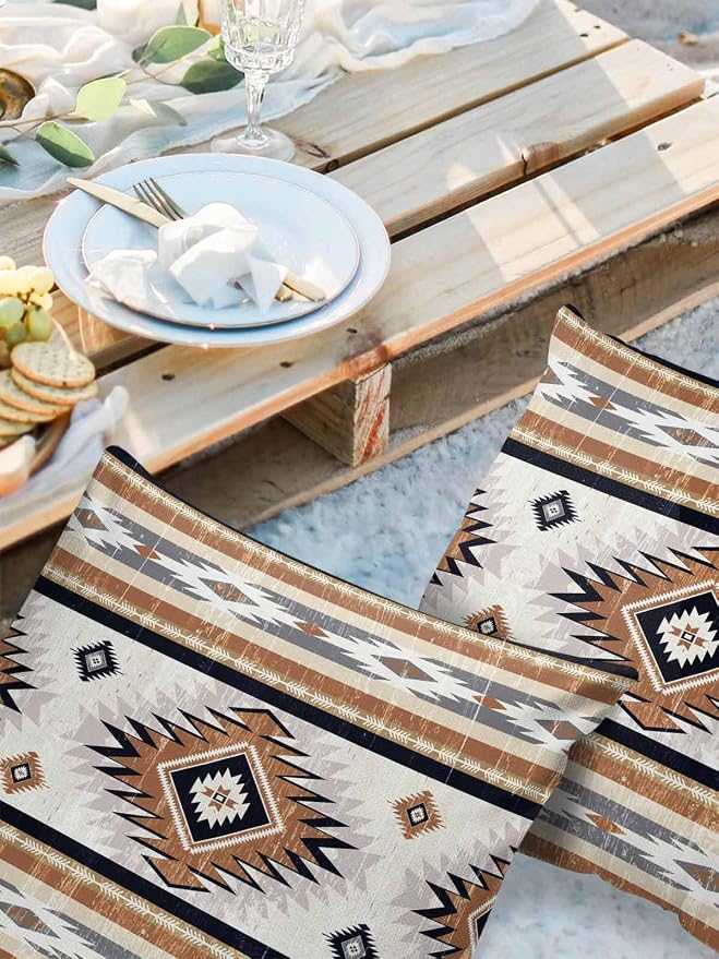Outdoor Waterproof Throw Pillow Covers Set of 2 Orange Boho Aztec Pillowcases 24x24 Inches Southwest Tribal Geometric Patio Decorative Pillows Cushion Case Patio Pillows for Couch Bed Chair Garden