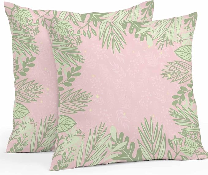 Vandarllin Outdoor Throw Pillows Covers 24x24 inch Set of 2 Waterproof Sage Green Leaves Decorative Zippered Cushion Covers for Patio Furniture, Spring Floral Plants Pink Lumbar Pillowcases