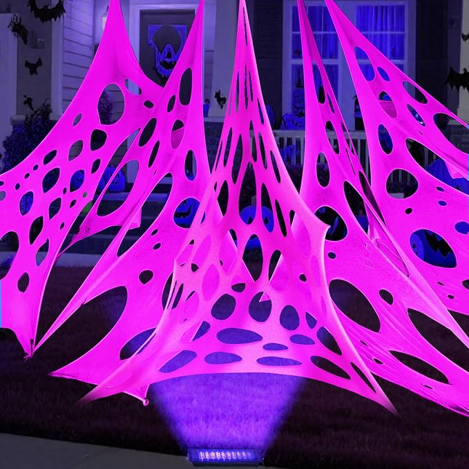 Glow in The Dark Pink 1000 Sqft Uncut Giant Spider Web Halloween Decorations Outdoor with 1 Black Light &10 Ground Nails Stretchy Beef Cloth Netting Cut-Your-Own for Yard Party