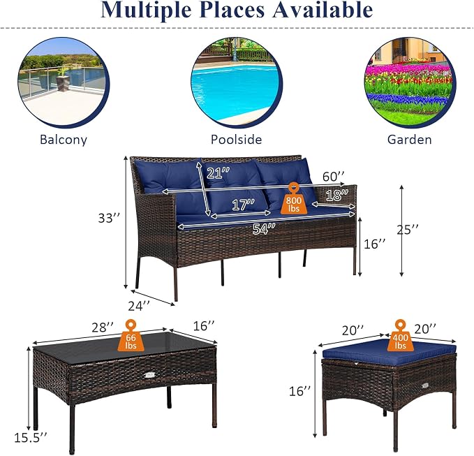Tangkula 3 Pieces Patio Conversation Set, All Weather Outdoor PE Rattan Wicker Furniture Set with Padded Cushions, Tempered Glass Coffee Table, for Poolside, Backyard, Garden (Navy)