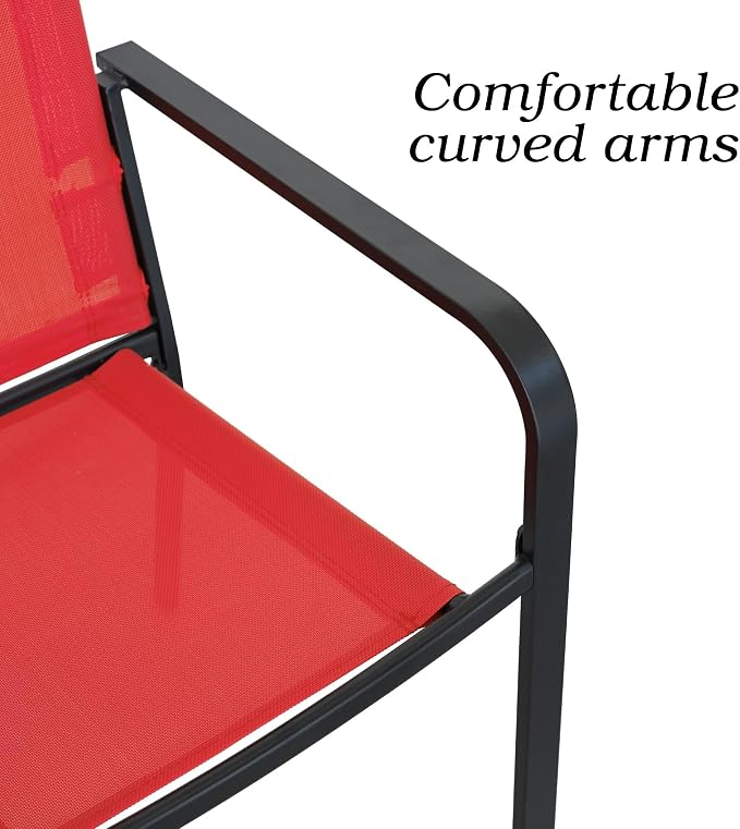 Anmutig 7 Piece Patio Dining Set 48 Inch Round Table Stackable Chairs Red | Powder-Coated Steel Frame, Quick-Dry Textilene Mesh, Dual-Size Umbrella Hole, Weather Resistant, Patio, Garden, Backyard