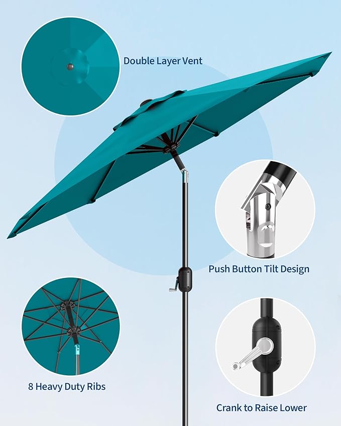 GarveeLife Outdoor Patio Umbrella, Table Market Umbrella with Push Button Tilt and Crank, 8 Sturdy Ribs UV Protection Waterproof for Garden, Deck, Backyard, Pool