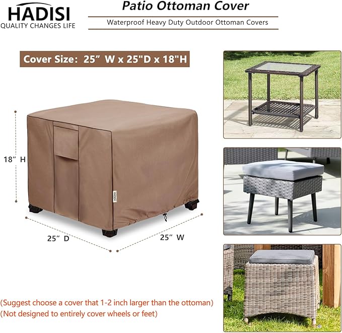 Patio Ottoman Cover Waterproof Square Outdoor Small Side Table Covers,25" W x 25" D x 18" H,Outdoor Rectangular Waterproof Table Cover(Brown)