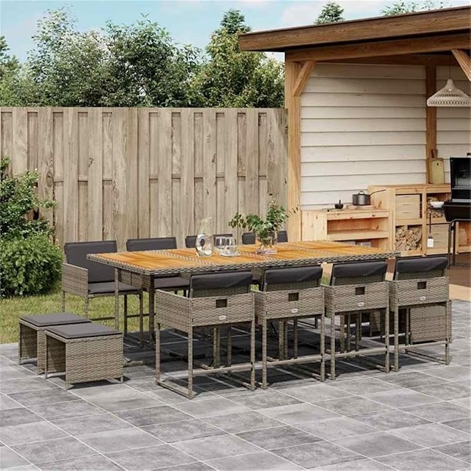 Afuera Living 13-Piece Poly Rattan Garden Dining Set, Gray Finish, Acacia Wood Table, Powder-Coated Steel Frame, Stackable Chairs, Foldable Design, Seating for 12, Outdoor Patio Furniture for Garden