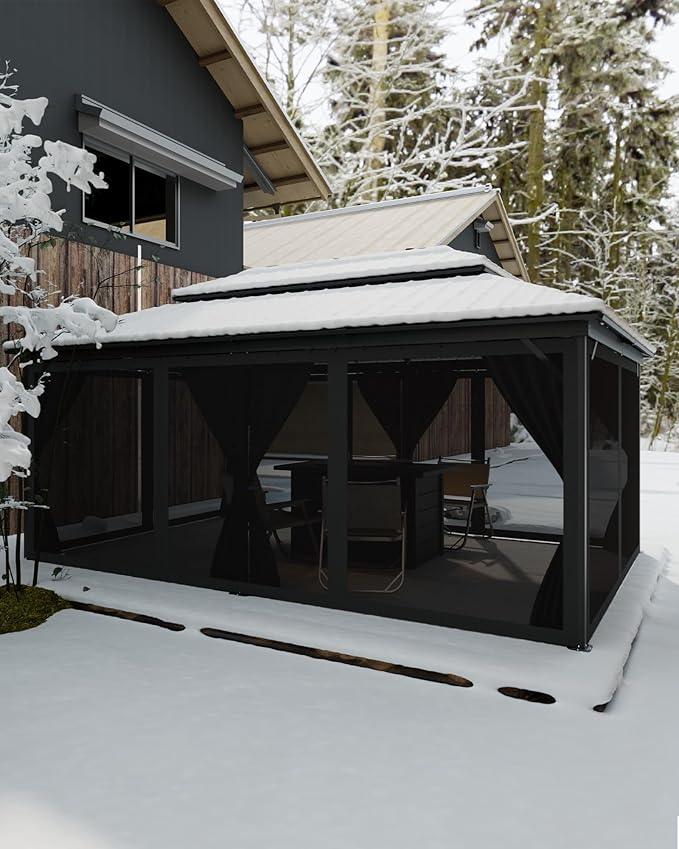 GarveeLife 12 ft x20 ft Hardtop Gazebo for All Weather, with Double Metal Roof, Aluminum Alloy Frame, Net, and Curtain, Permanent Building for Patio, Deck, Backyard, Lawn, and Garden, Gray