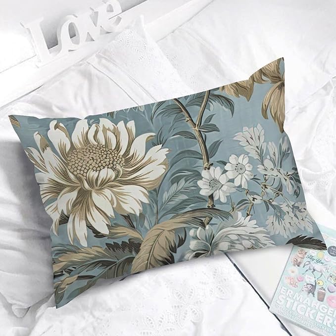 Spa On Flax Blue Chinoiserie Rectangle Lumbar Pillow Case Grey Peony Asian Throw Pillow Cover Rustic Outdoor Garden Decoration for for Car Sofa Bedroom Home Chair 16x24in