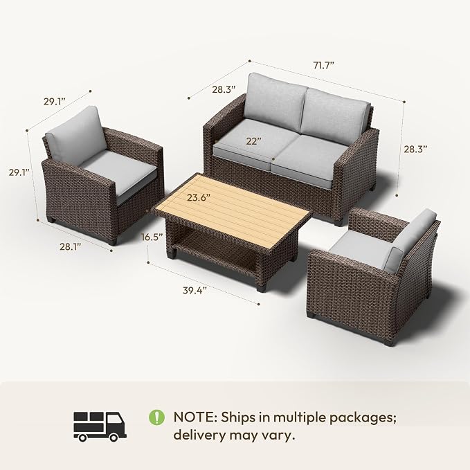 Patio Furniture Set - All-Weather - 4 Piece Wicker Outdoor Patio Conversation Set, Modular Rattan Sectional Sofa for Backyard, Garden, Patio, Poolside