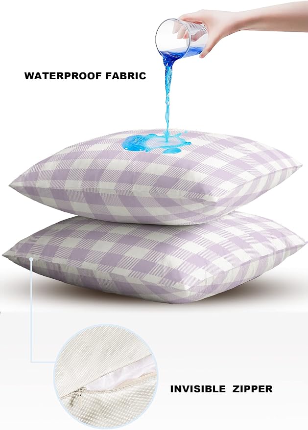 Outdoor Waterproof Throw Pillow Covers Set of 2 Lavender Buffalo Check Plaid Pillowcases 16x16 Inches Farmhouse Style Patio Decorative Pillows Cushion Case Patio Pillows for Couch Bed Chair Garden