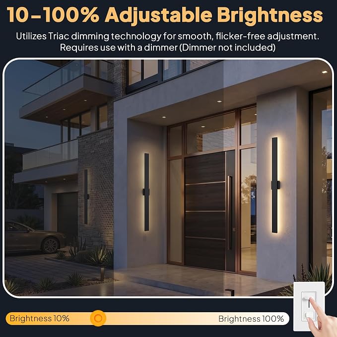 2 Pack LED Outdoor Wall Lights, 3CCT & 10%-100% Dimmable, 57.4" Linear Exterior Light Fixtures, IP65 Waterproof Outside Sconces for Porch Patio Garage House Facade
