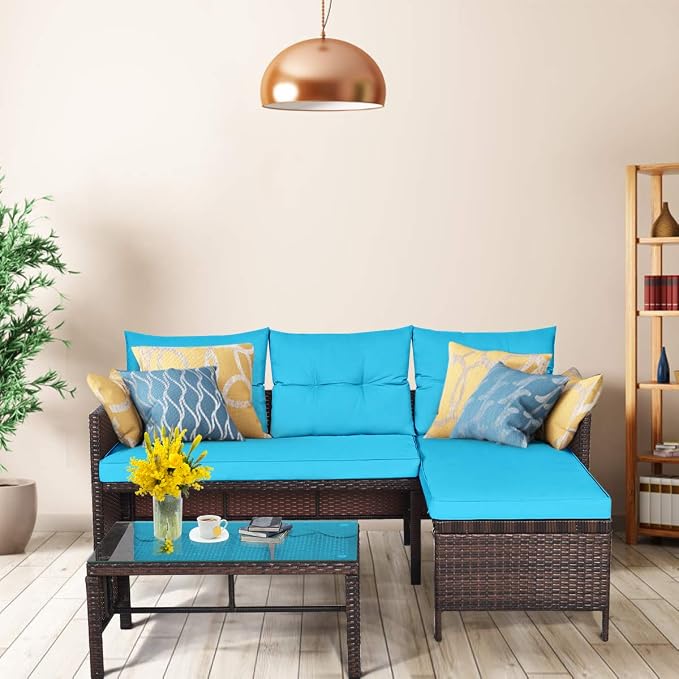 RELAX4LIFE 3-Piece Patio Furniture Set, Outdoor Wicker Sectional Sofa Set w/Washable Cushion, Tempered Glass Coffee Table, Rattan Conversation Set Outdoor Couch for Garden Backyard Deck (Turquoise)