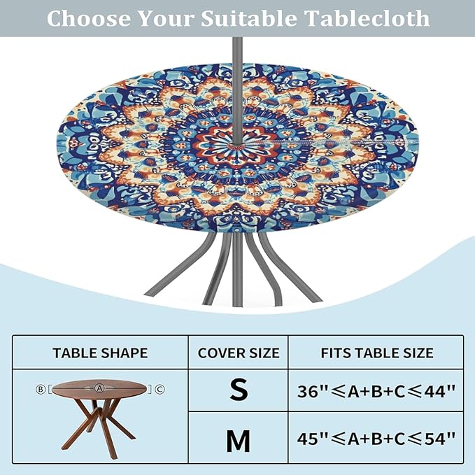 OSAM SPACE Outdoor Tablecloth with Umbrella Hole, Round Elastic Fitted Table Cloth with Invisible Zipper,Colorful Blue Orange Boho Mandala Picnic Patio Table Cover 45-56in