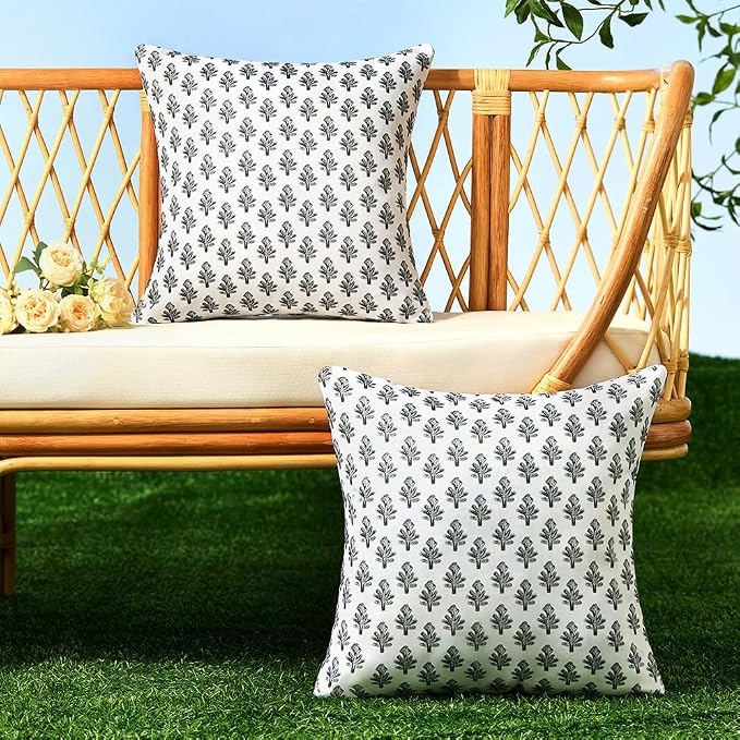Outdoor Pillow Covers 20x20 Set of 2 Boho Black Floral Accent Print Decorative Throw Pillow Cases for Outdoor Waterproof Patio Furniture Garden Porch Sofa Bed Cushion Covers Home Decor JB005-A20
