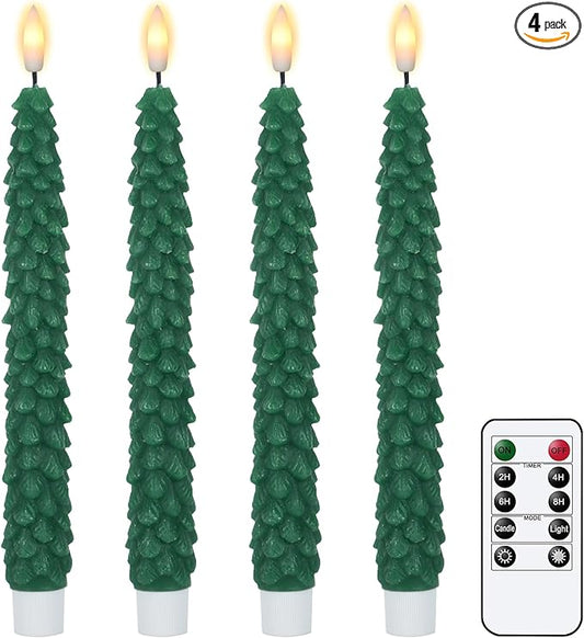 DRomance Christmas Tree Flameless Taper Candles Battery Operated with 10-Key Remote and Cycle Timer 4 Pack Real Wax 3D Wick Flickering LED Candlesticks Holiday Decor(Green, 0.79 x 9.9 Inch)